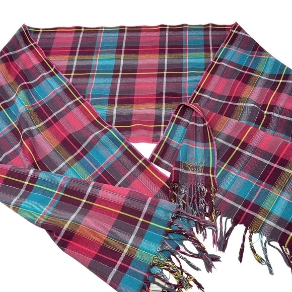 O’Neill Unisex Aqua Plum Tartan Plaid Lightweight Rectangular Scarf with Fringe - Picture 2 of 7